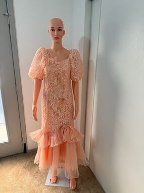 Vintage Peach Lace Beaded Dress Romantic Puff Sleeve Tea Length Cottagecore